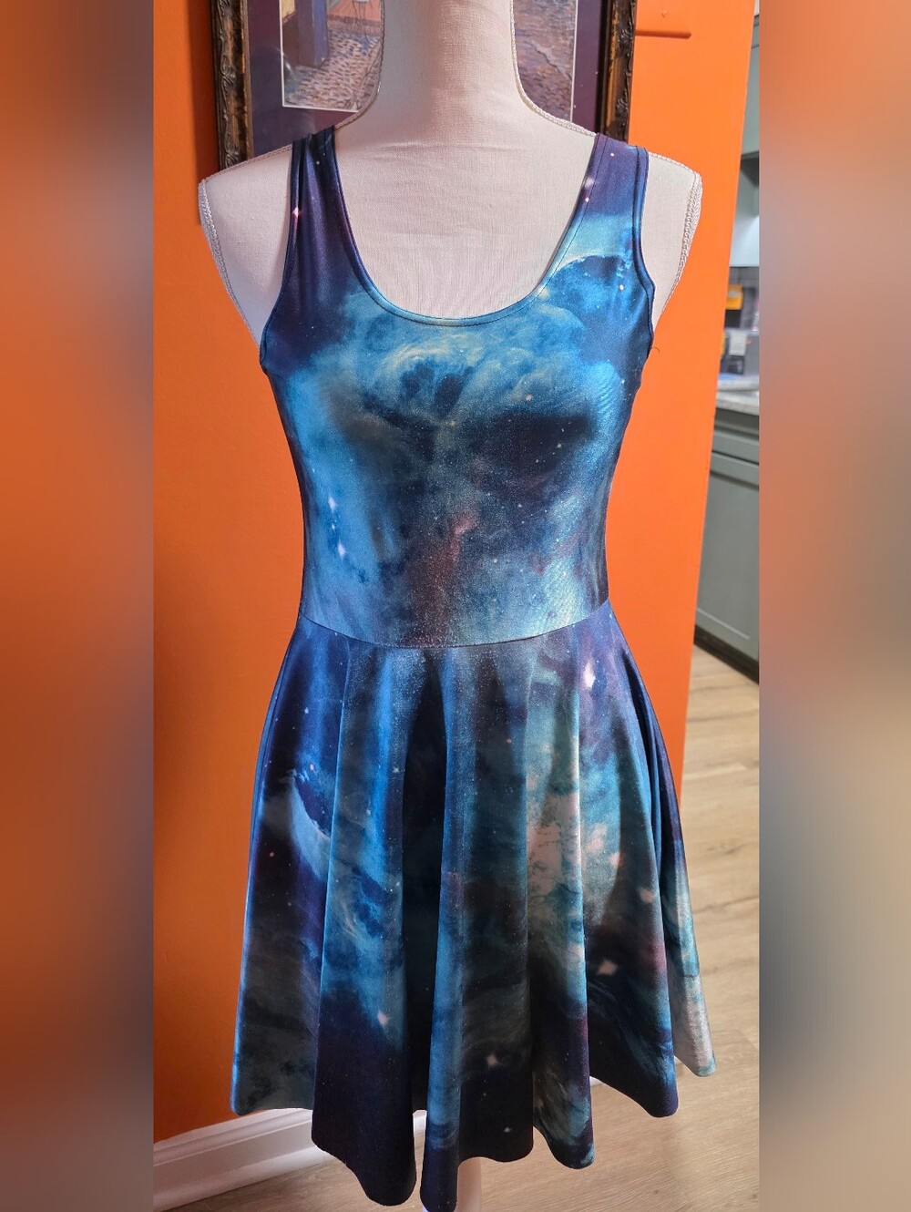 Womens Blue Galaxy Print Skater Dress